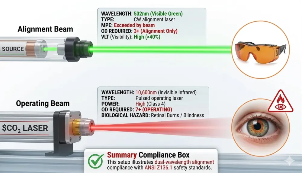 Aiming beam vs operating beam