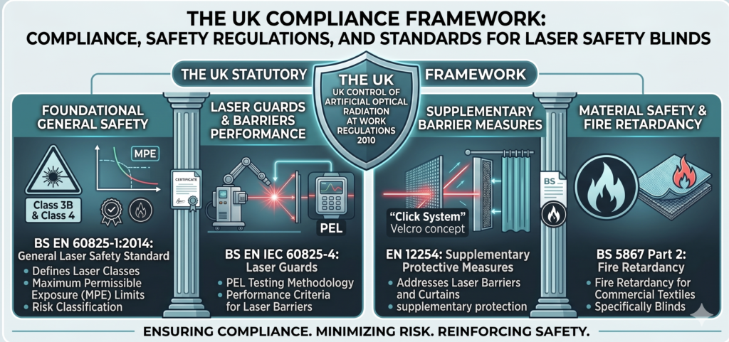 Compliance, regulation and safety standard laser curtain blinds