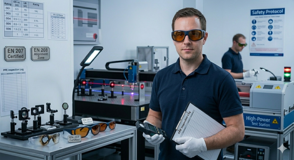 High-quality EN 207 certified laser safety eyewear with amber filters for high-power laser protection.