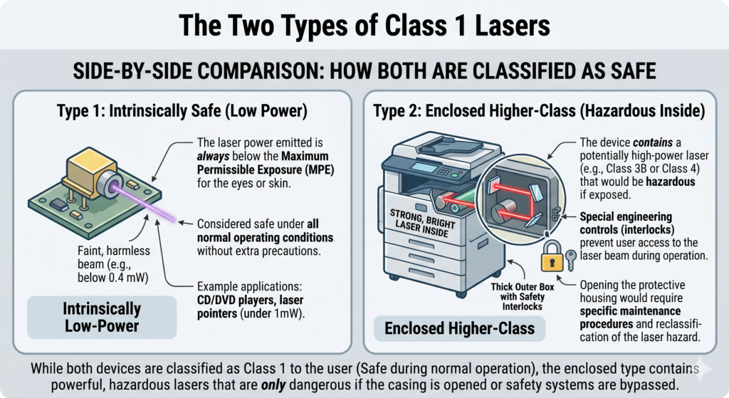 Diagram illustrating the two types of Class 1 laser products: intrinsically low-power devices and enclosed higher-class devices commonly found in office equipment.