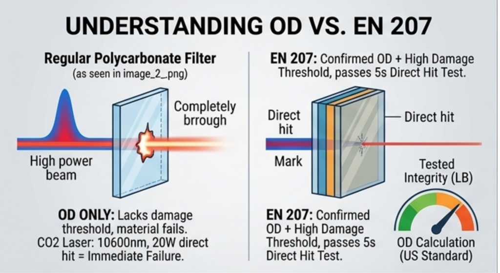 Laser safety infographic comparing OD vs EN 207 damage thresholds