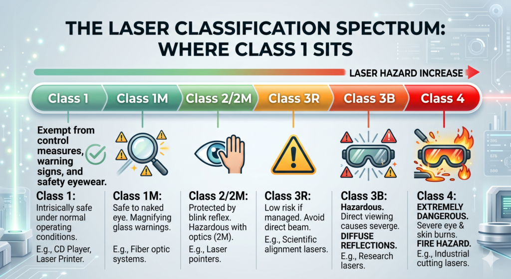 A chart showing the complete laser product classification system, highlighting Class 1 as the safest level for consumer laser products.