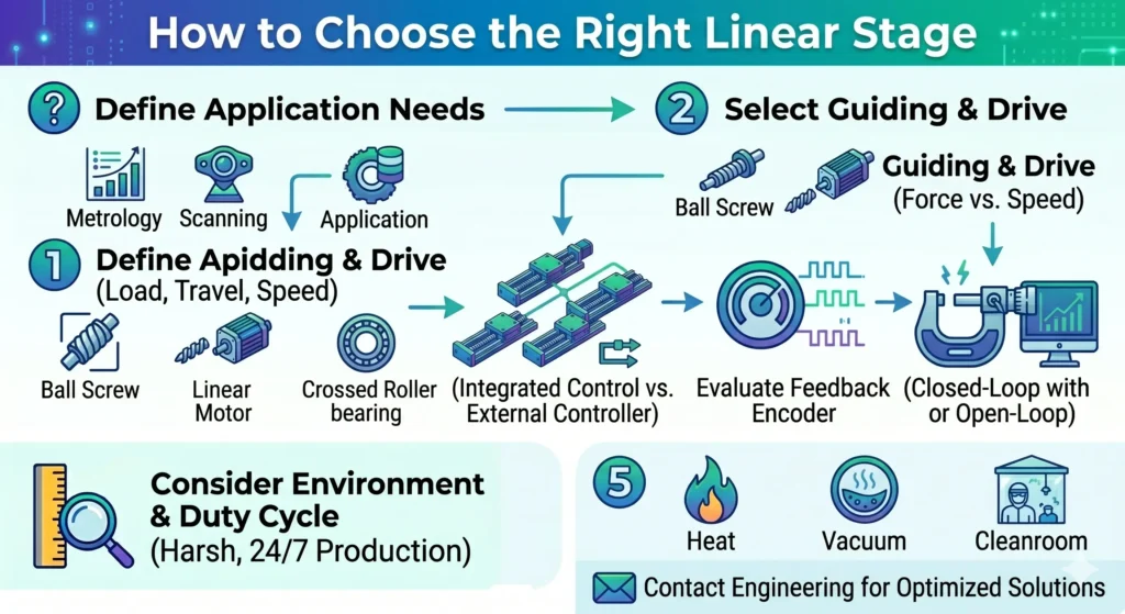 Flowchart showing 5 steps to choose a linear stage based on load, speed, feedback control, and environment.