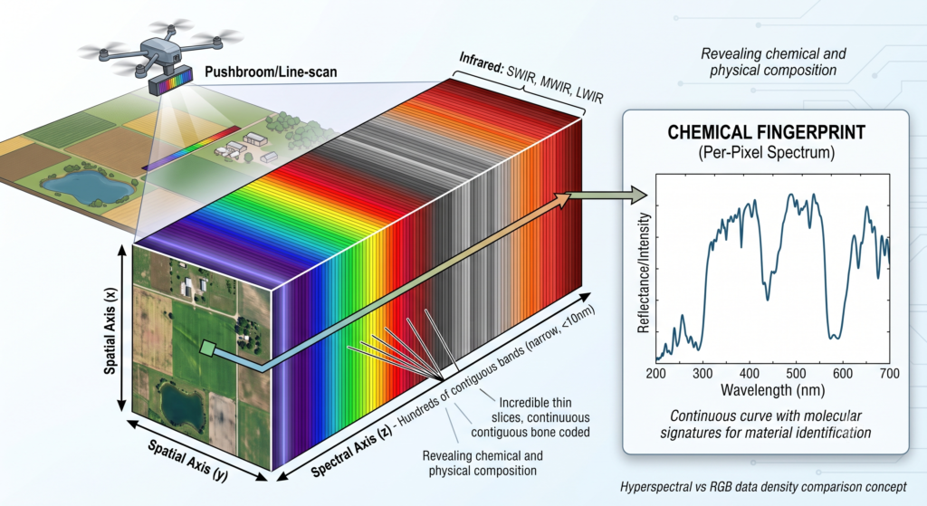 conceptual 3D illustration showing a physical scene (e.g., a landscape with vegetation, water, and buildings) being scanned. Emerging from the sensor is a semi-transparent, rectangular block representing the Data Cube. The front face of the cube shows the 2D spatial image (x and y axes). The side or top of the cube shows the spectral axis (z-axis), depicted as hundreds of densely stacked, incredibly thin slices, color-coded from blue to red and into invisible gray (representing infrared). An arrow points from one specific pixel on the 2D face, extending all the way through the spectral depth of the cube, leading to an inset graph showing a complex, continuous wavy spectral curve ("Chemical Fingerprint").
