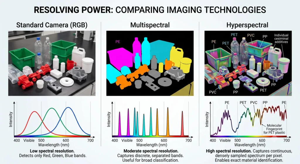 The same image rendered with incredible false-color detail, perfectly distinguishing different types of plastic (PE, PET, PVC). Below it, a graph with a single, continuous, highly detailed, jagged curve made of hundreds of tiny sampling points, showing the unique molecular signature of the specific plastic.