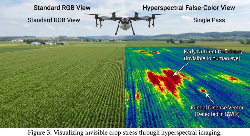 An artistic split view of a drone flying over a large farm field. On the left half of the image, the composition shows a standard camera view: a simple, seemingly uniform green field. On the right half, the same drone view is seen through a hyperspectral sensor: the field is depicted as a detailed false-color heat map (deep reds, yellows, and blues). Specific, irregular patches are brightly highlighted in red with a text overlay pointing to them labeled "Early Nutrient Deficiency (Invisible to human eye)".